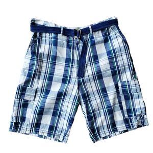 REVOLUTION Men's 40 Blue‎ White Green Plaid 100% Cotton Cargo Pocket Shorts